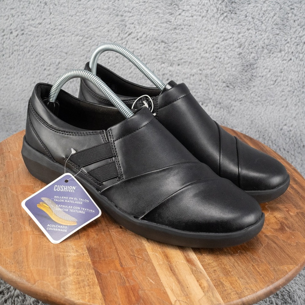 Clarks Shoes Womens 10 M Black Leather Slip On Loafers